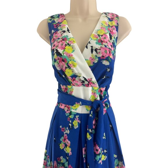 Blue Bird Floral Print Fit & Flare Dress w/Tie Size 12 Summer Fall Wedding Party - Picture 2 of 8